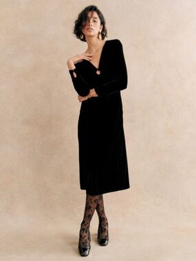 Sézane Black Long Sleeve Velvet Midi Dress